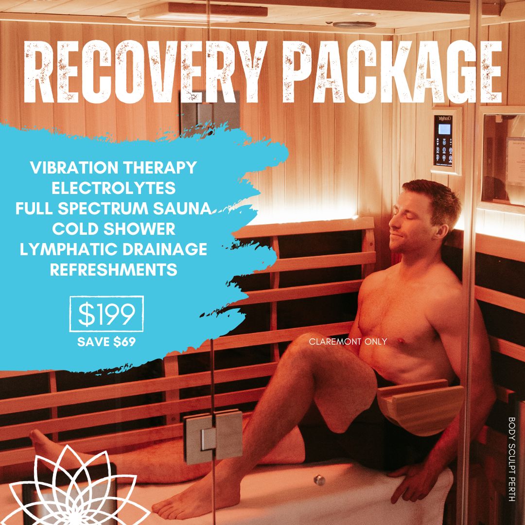 Client enjoying the Recovery Package at Body Sculpt Perth, combining infrared sauna, lymphatic drainage, and wellness treatments to support recovery and relaxation.